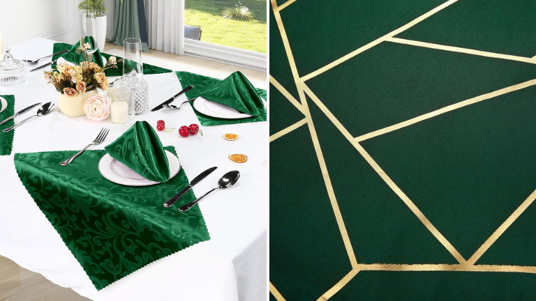 Black table cloth Green Napkins Gold Charger