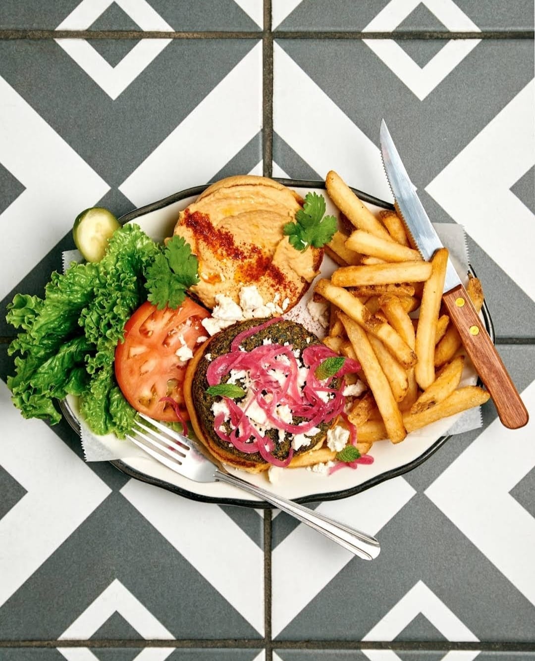 Black Tap Craft Burgers & Beer - Falafel Burger with Fries at Herald Square, NYC